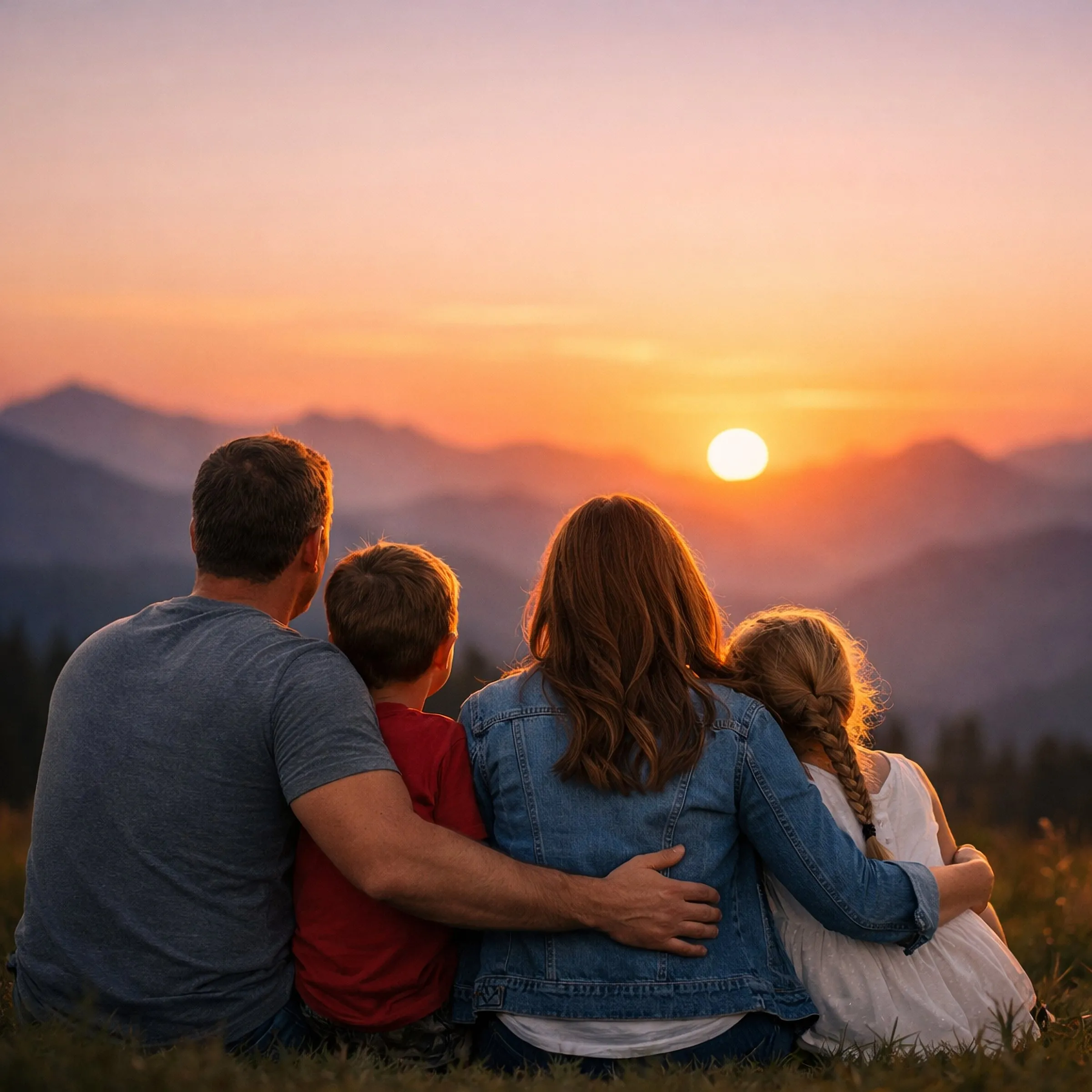 Familia observando un atardecer, abrazados, de espaldas a la cámara